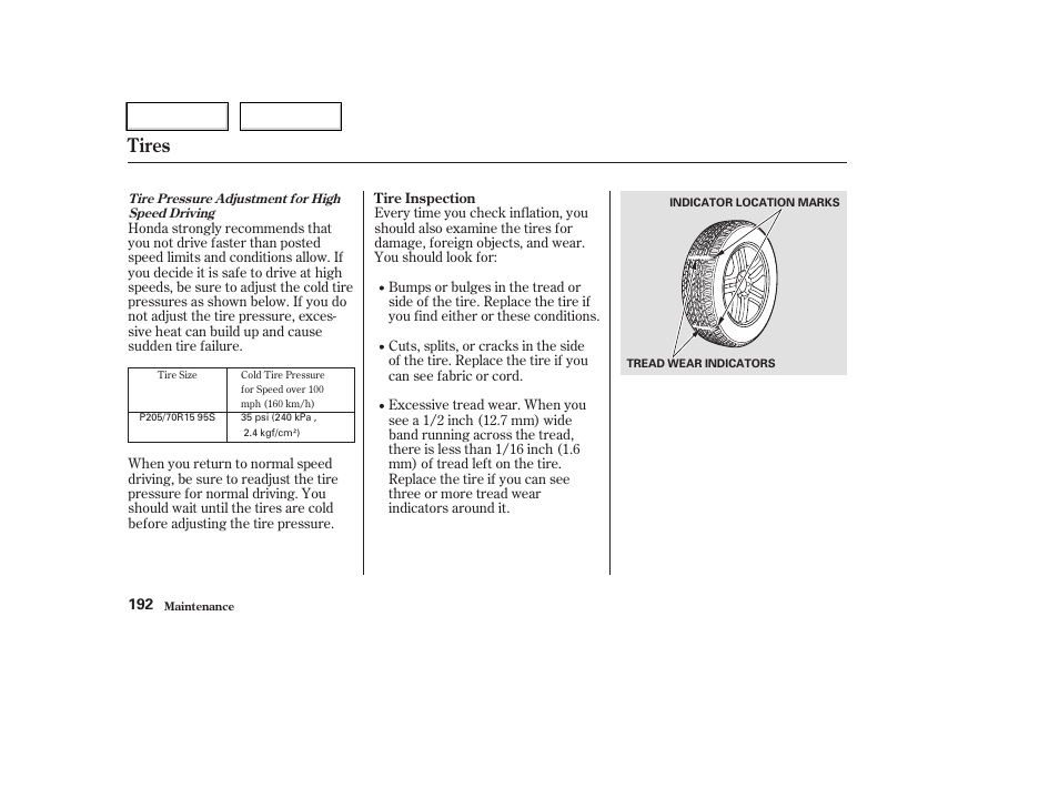 Tires | HONDA 2004 CR-V - Owner's Manual User Manual | Page 196 / 256