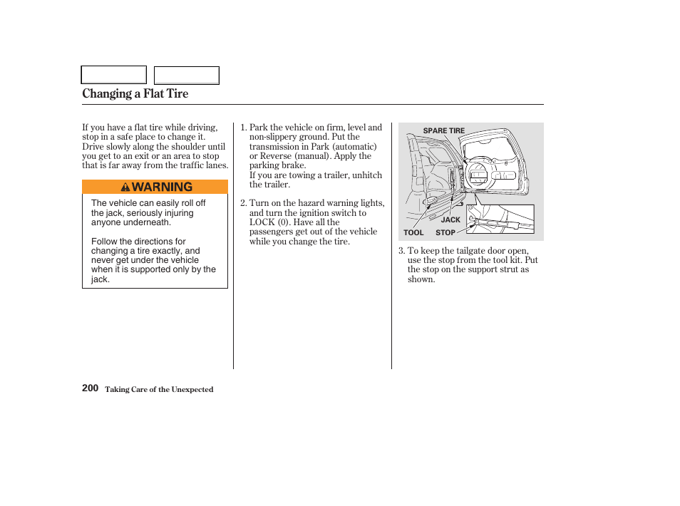 Changing a flat tire | HONDA 2004 CR-V - Owner's Manual User Manual | Page 204 / 256