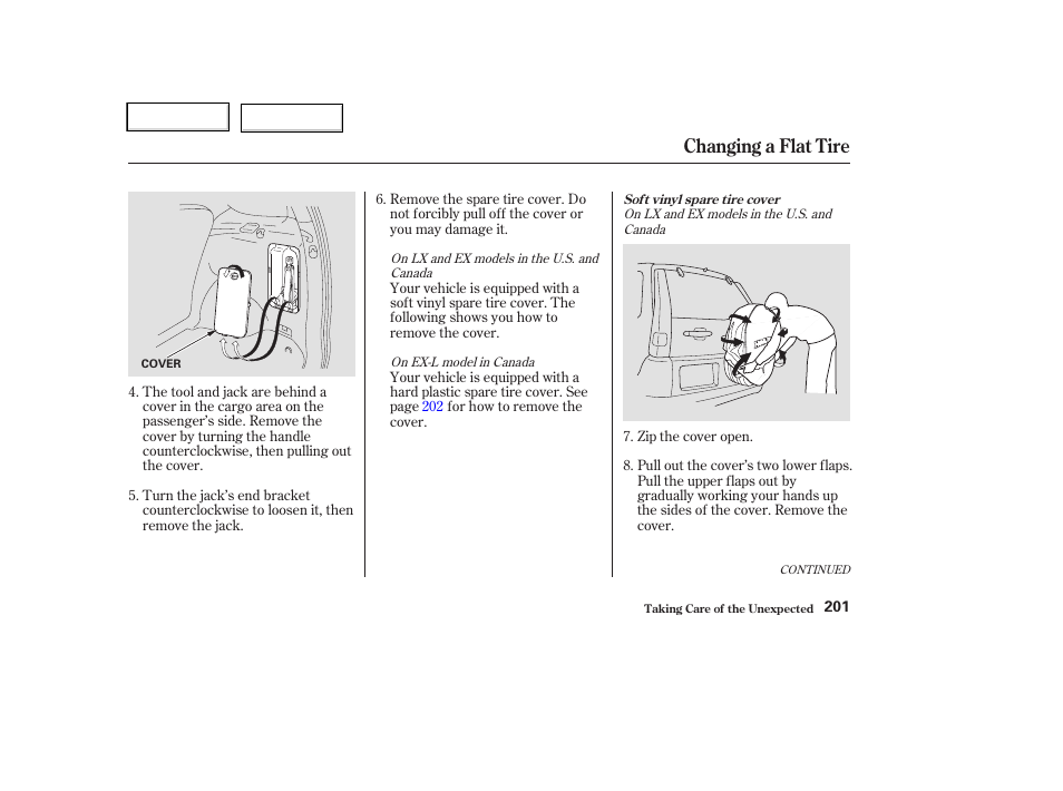 Changing a flat tire | HONDA 2004 CR-V - Owner's Manual User Manual | Page 205 / 256