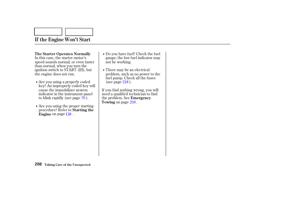If the engine won’t start | HONDA 2004 CR-V - Owner's Manual User Manual | Page 212 / 256