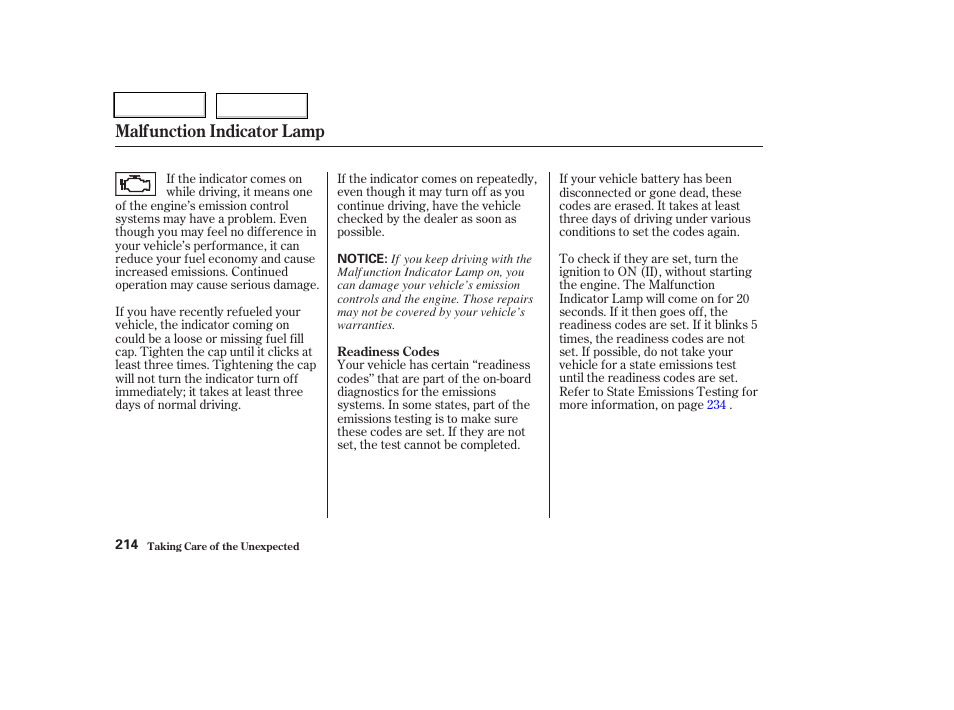 Malfunction indicator lamp | HONDA 2004 CR-V - Owner's Manual User Manual | Page 218 / 256