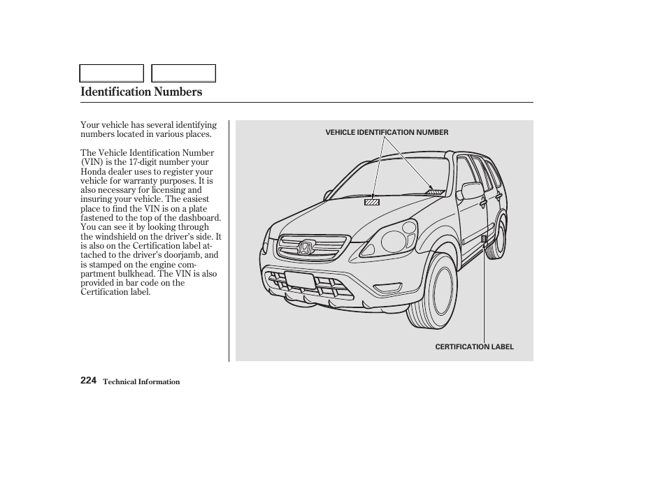 Identification numbers | HONDA 2004 CR-V - Owner's Manual User Manual | Page 228 / 256