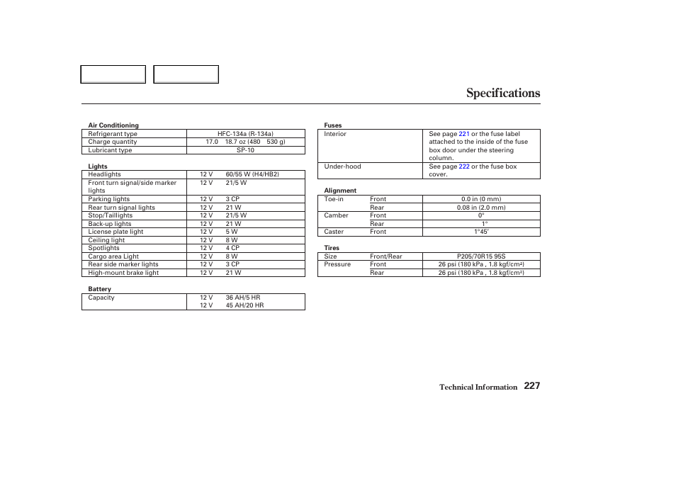 Specifications | HONDA 2004 CR-V - Owner's Manual User Manual | Page 231 / 256