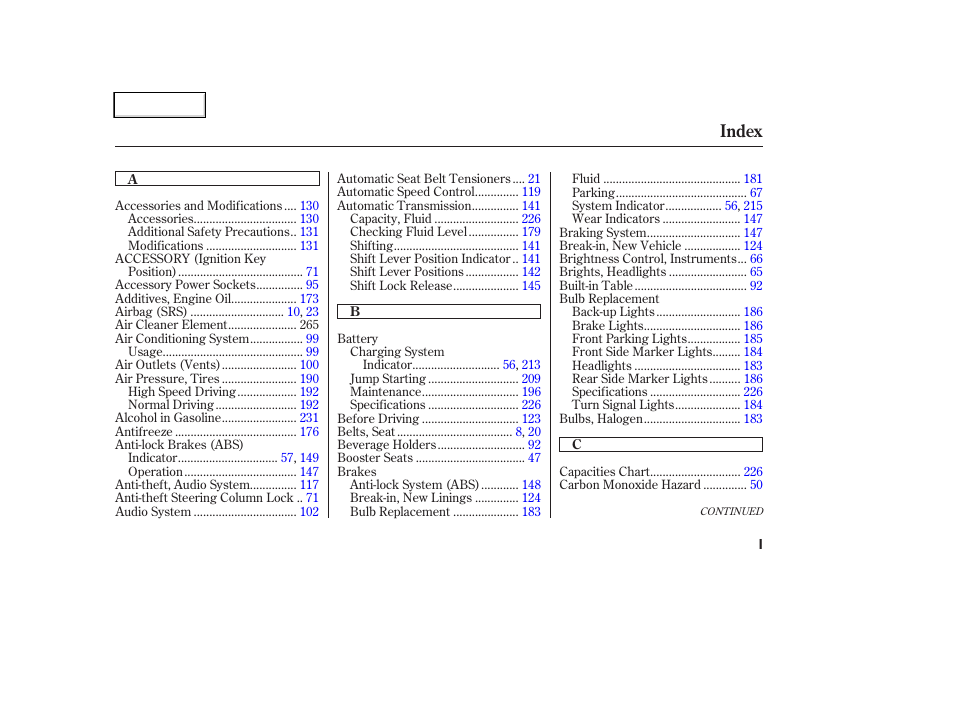 Index | HONDA 2004 CR-V - Owner's Manual User Manual | Page 247 / 256