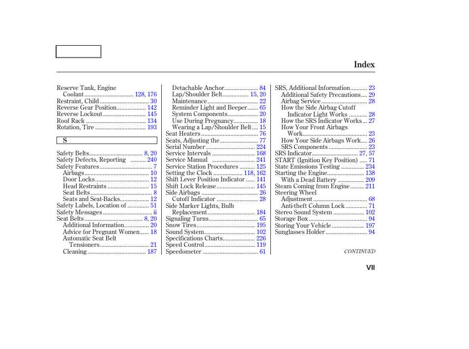 Index | HONDA 2004 CR-V - Owner's Manual User Manual | Page 253 / 256