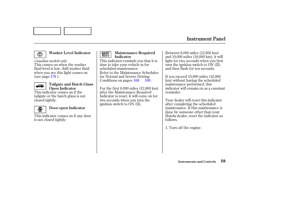 Instrument panel | HONDA 2004 CR-V - Owner's Manual User Manual | Page 63 / 256