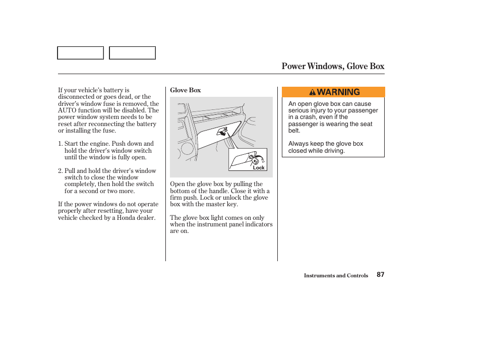 Power windows, glove box | HONDA 2004 CR-V - Owner's Manual User Manual | Page 91 / 256