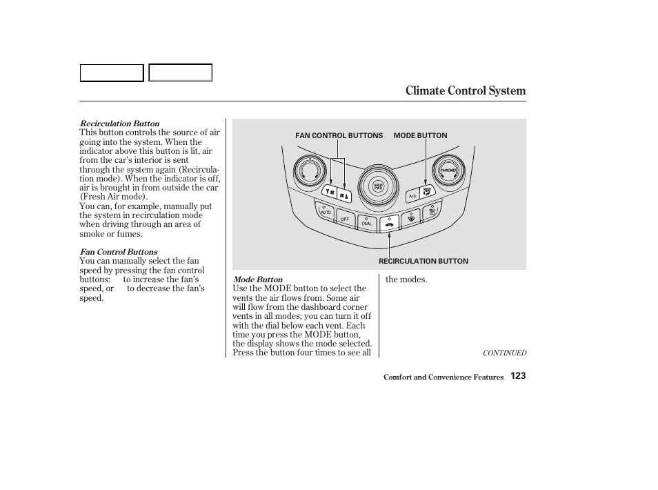 Climate control system | HONDA 2003 Accord Sedan - Owner's Manual User Manual | Page 126 / 395