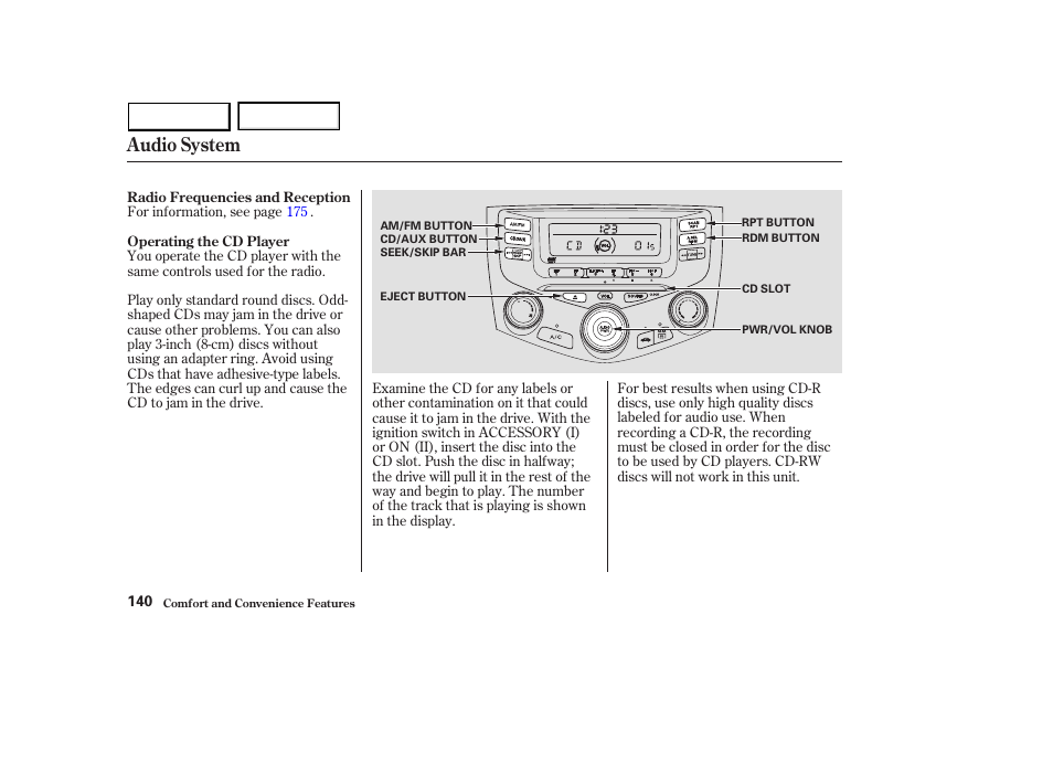 Audio system | HONDA 2003 Accord Sedan - Owner's Manual User Manual | Page 143 / 395