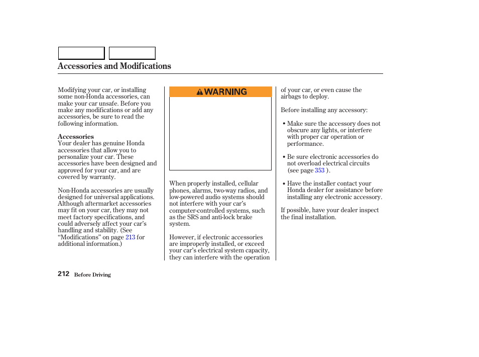 Accessories and modifications | HONDA 2003 Accord Sedan - Owner's Manual User Manual | Page 215 / 395