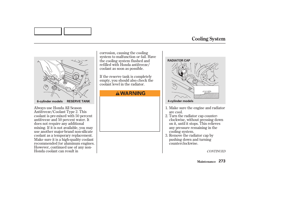 Cooling system | HONDA 2003 Accord Sedan - Owner's Manual User Manual | Page 276 / 395