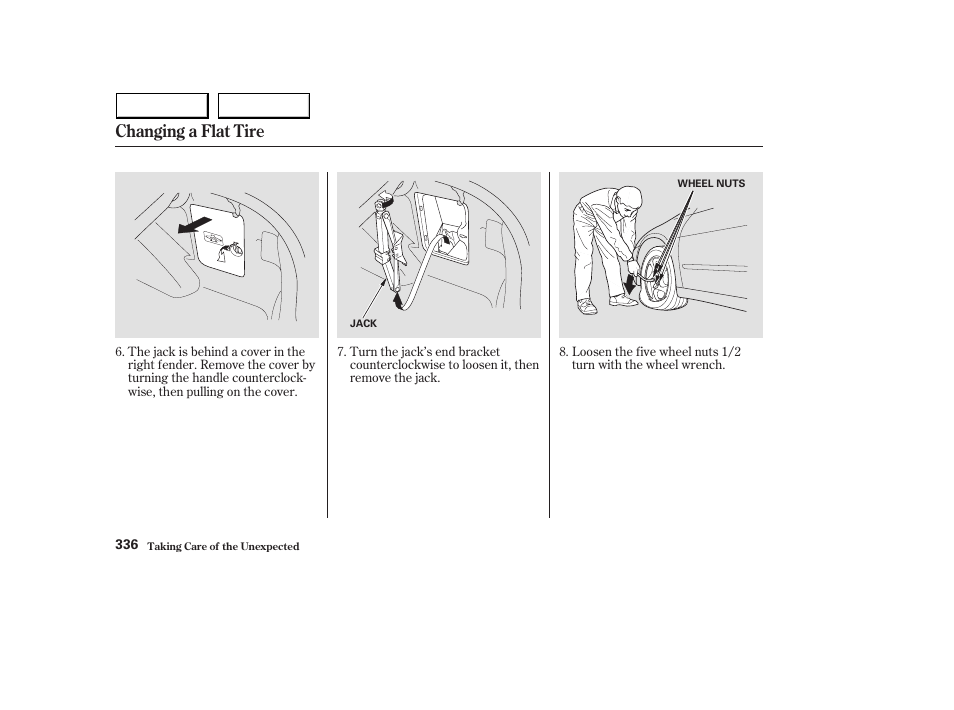 Changing a flat tire | HONDA 2003 Accord Sedan - Owner's Manual User Manual | Page 339 / 395