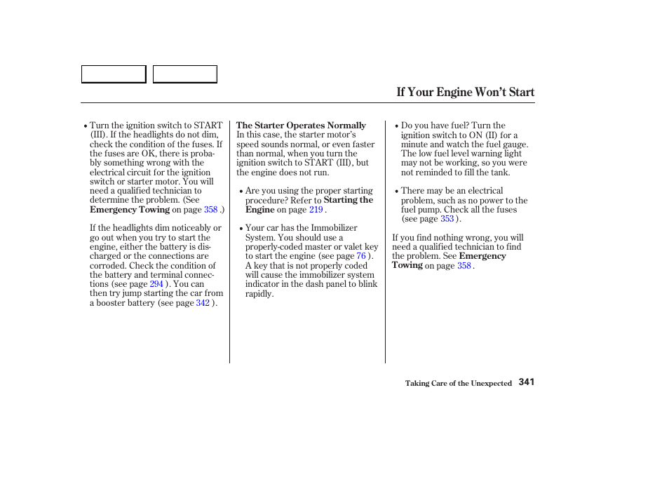 If your engine won’t start | HONDA 2003 Accord Sedan - Owner's Manual User Manual | Page 344 / 395