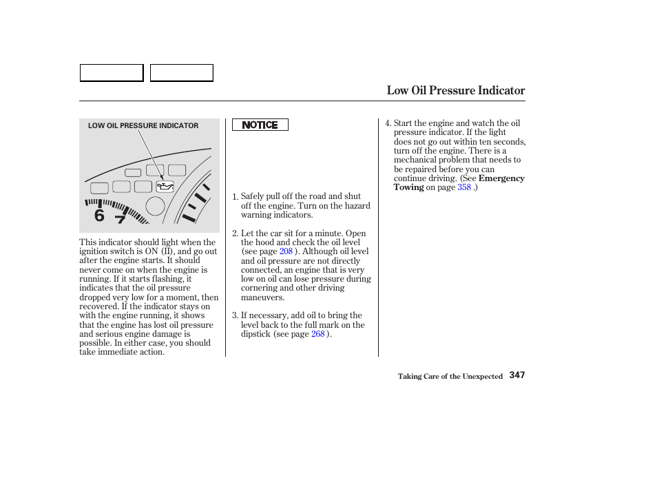 Low oil pressure indicator | HONDA 2003 Accord Sedan - Owner's Manual User Manual | Page 350 / 395