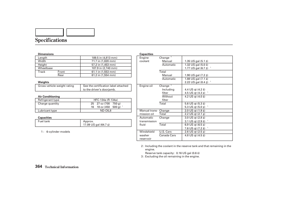 Specifications | HONDA 2003 Accord Sedan - Owner's Manual User Manual | Page 367 / 395