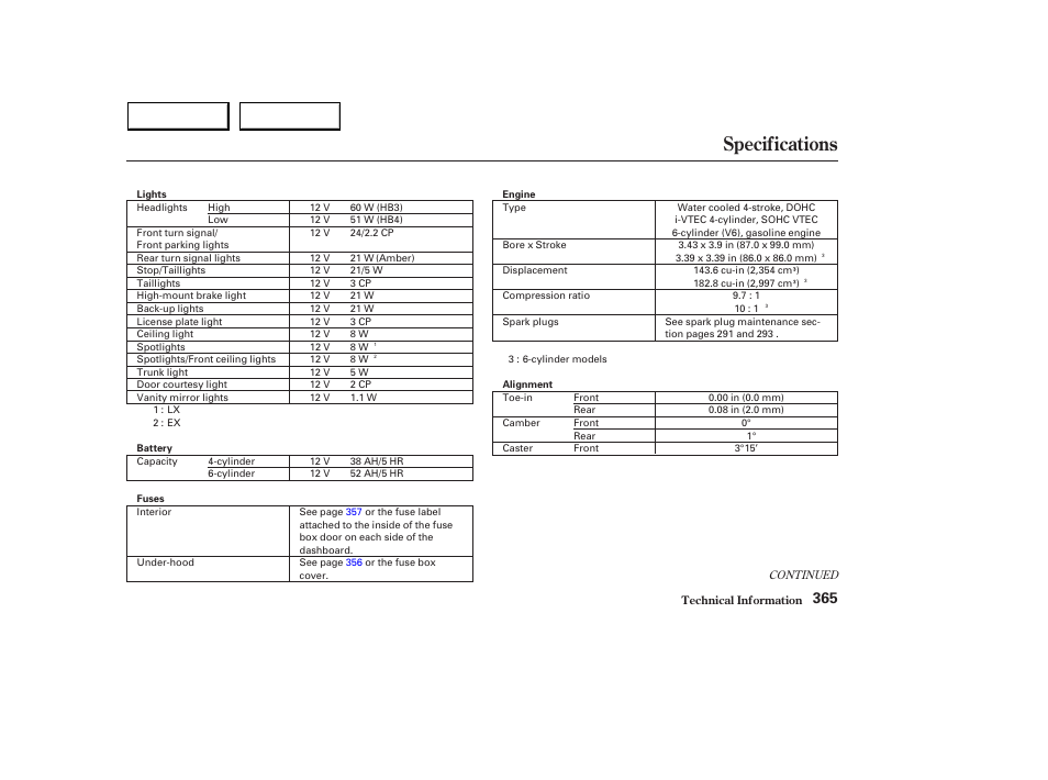 Specifications | HONDA 2003 Accord Sedan - Owner's Manual User Manual | Page 368 / 395