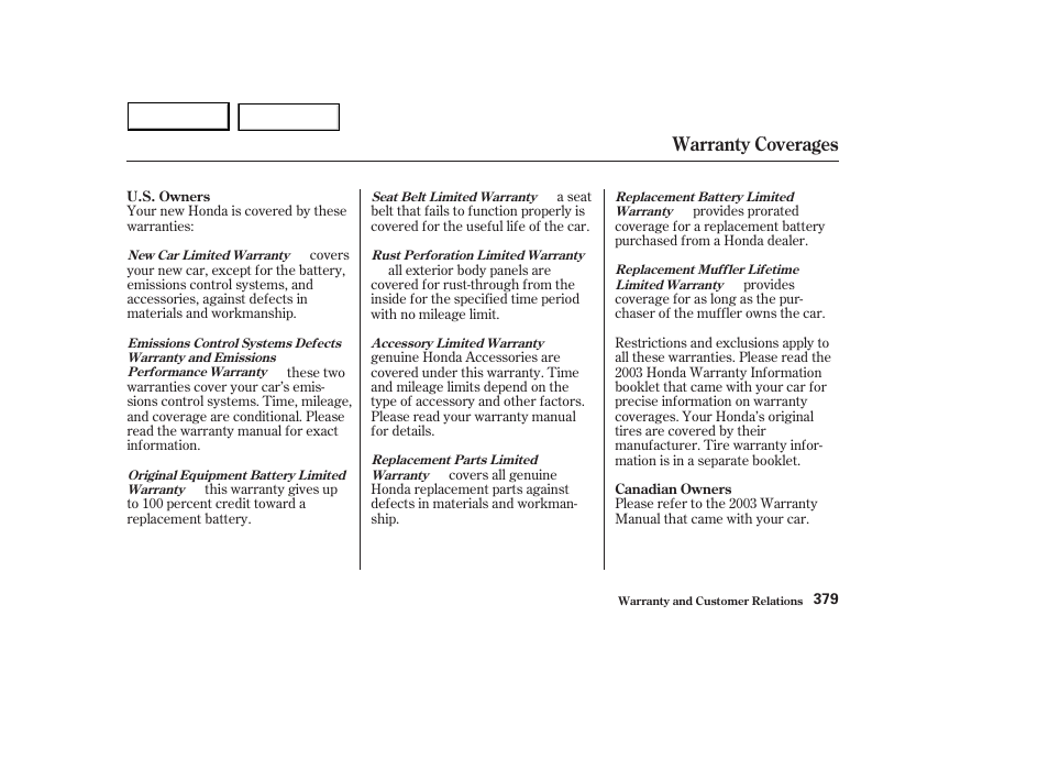 Warranty coverages | HONDA 2003 Accord Sedan - Owner's Manual User Manual | Page 382 / 395