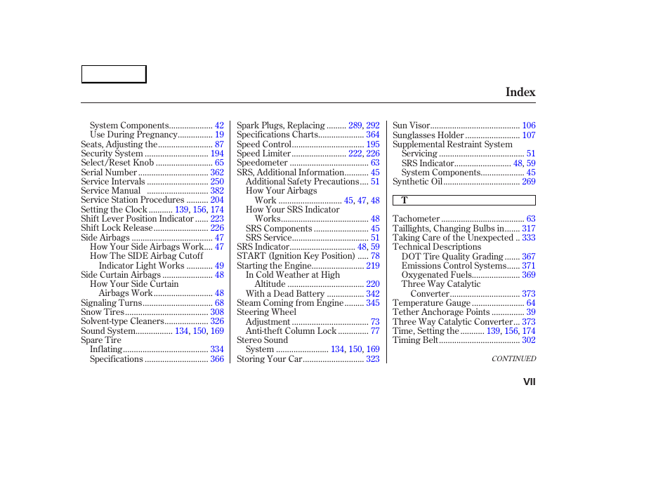 Index | HONDA 2003 Accord Sedan - Owner's Manual User Manual | Page 392 / 395