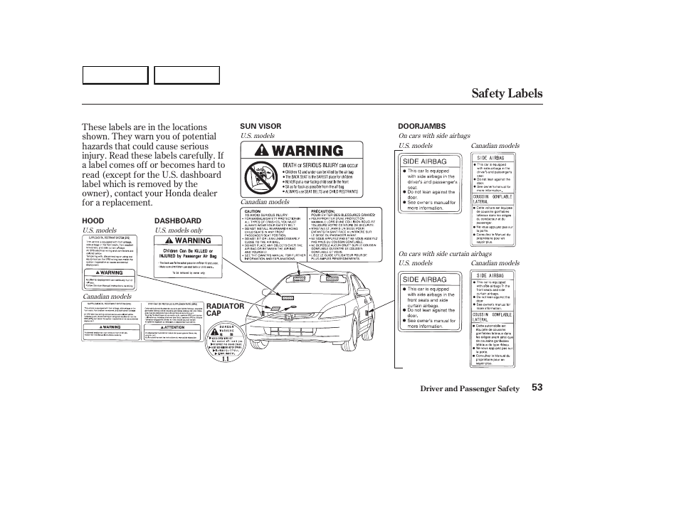 Safety labels | HONDA 2003 Accord Sedan - Owner's Manual User Manual | Page 56 / 395