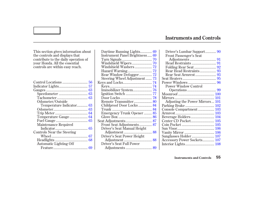 Instruments and controls | HONDA 2003 Accord Sedan - Owner's Manual User Manual | Page 58 / 395