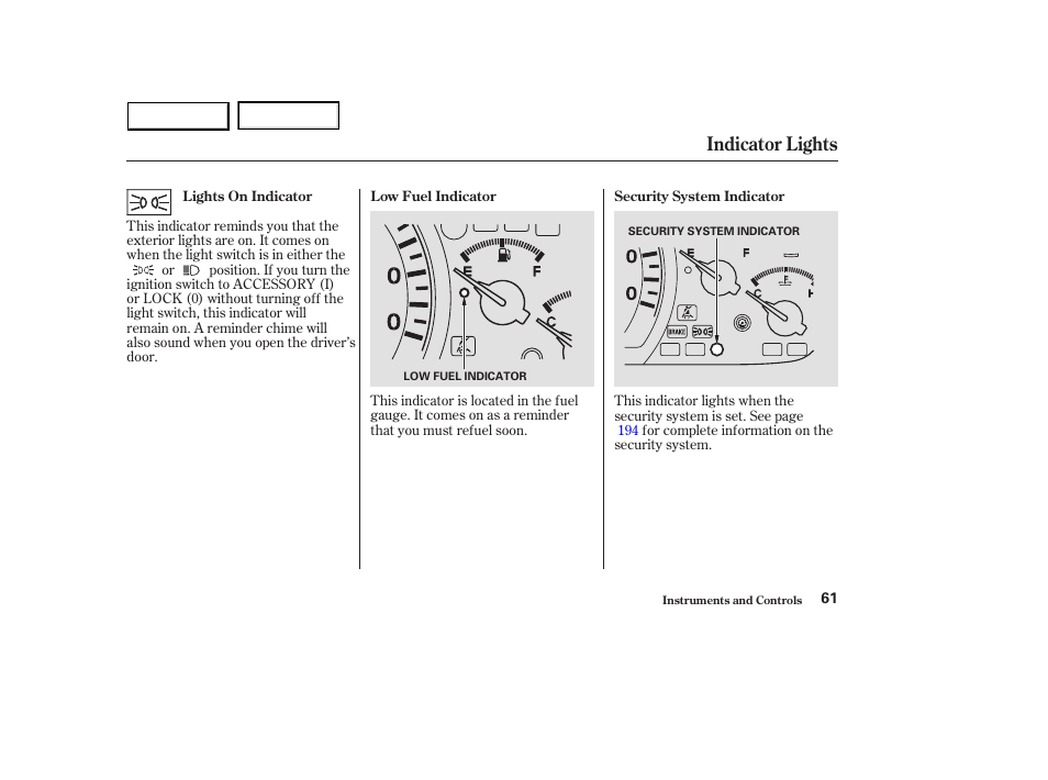 Indicator lights | HONDA 2003 Accord Sedan - Owner's Manual User Manual | Page 64 / 395