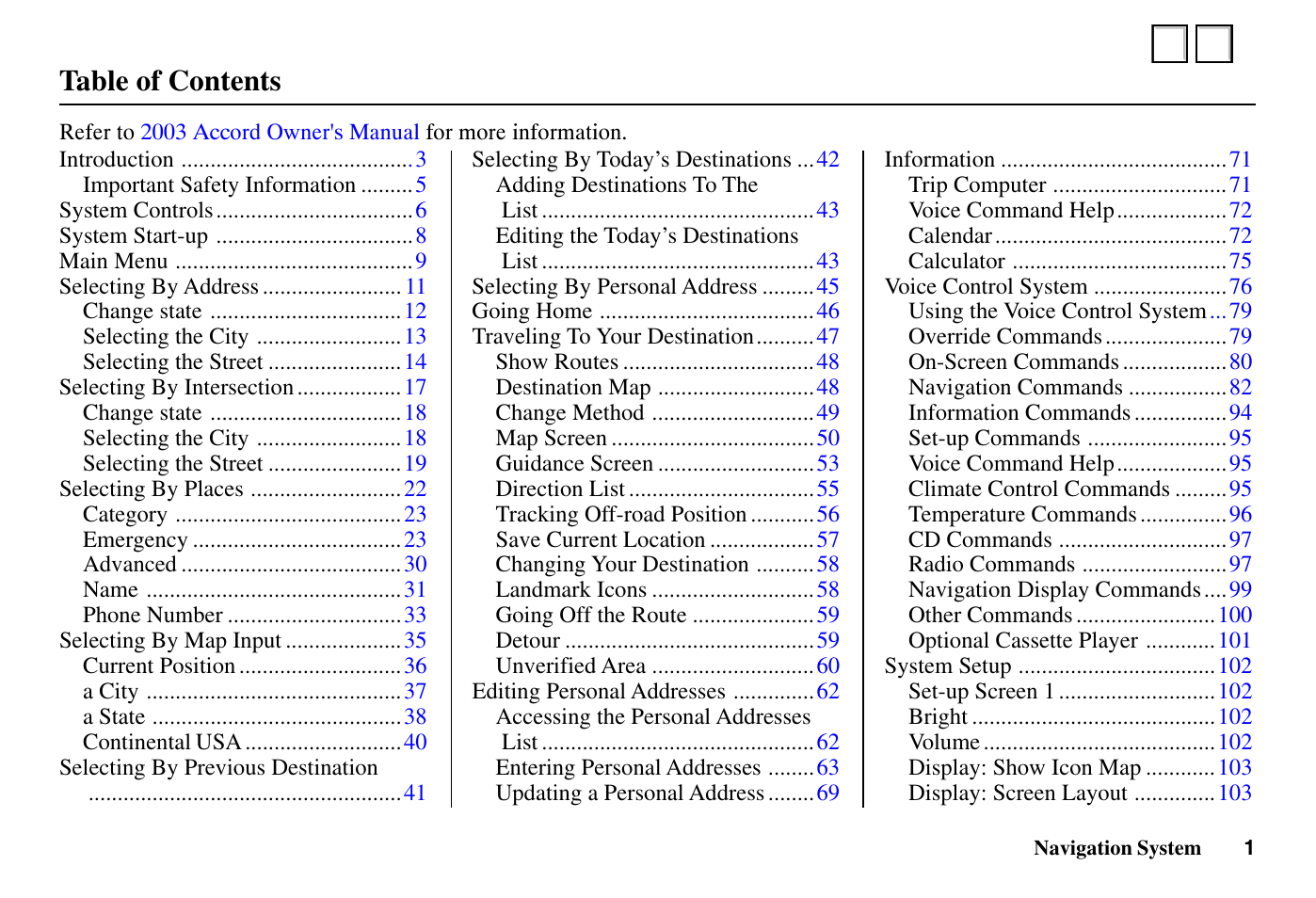 HONDA 2003 Accord - Navigation Manual User Manual | 2 pages