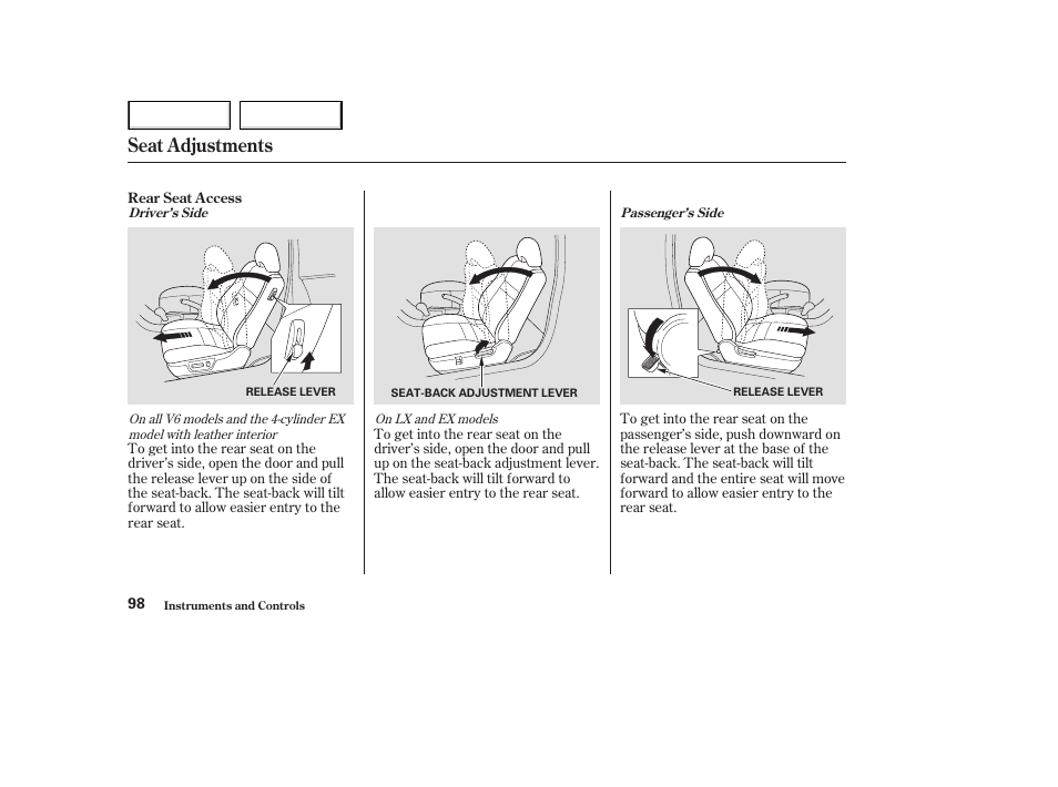 Seat adjustments | HONDA 2003 Accord Coupe - Owner's Manual User Manual | Page 101 / 429