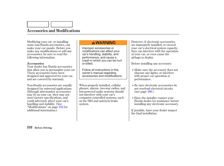 Accessories and modifications | HONDA 2003 Accord Coupe - Owner's Manual User Manual | Page 235 / 429