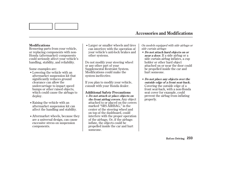 Accessories and modifications | HONDA 2003 Accord Coupe - Owner's Manual User Manual | Page 236 / 429