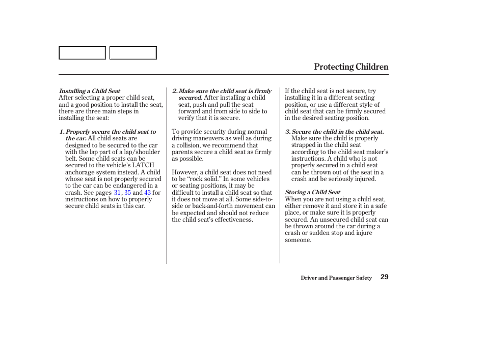 Protecting children | HONDA 2003 Accord Coupe - Owner's Manual User Manual | Page 32 / 429