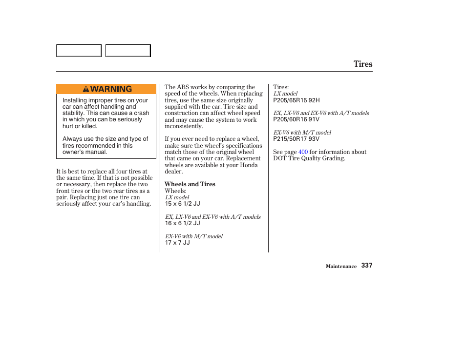 Tires | HONDA 2003 Accord Coupe - Owner's Manual User Manual | Page 340 / 429