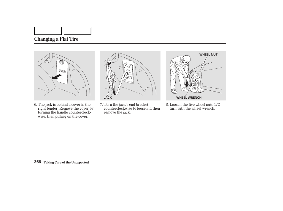 Changing a flat tire | HONDA 2003 Accord Coupe - Owner's Manual User Manual | Page 369 / 429