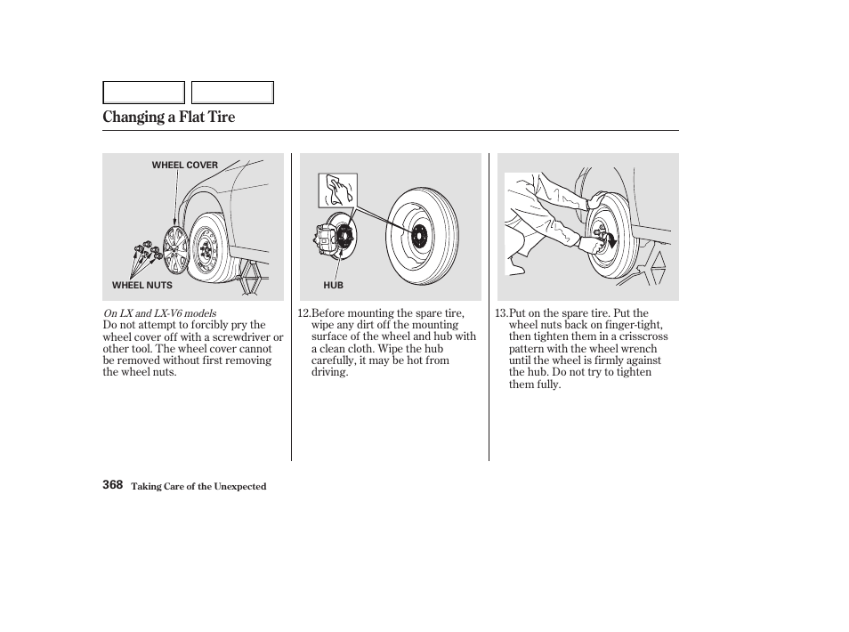 Changing a flat tire | HONDA 2003 Accord Coupe - Owner's Manual User Manual | Page 371 / 429