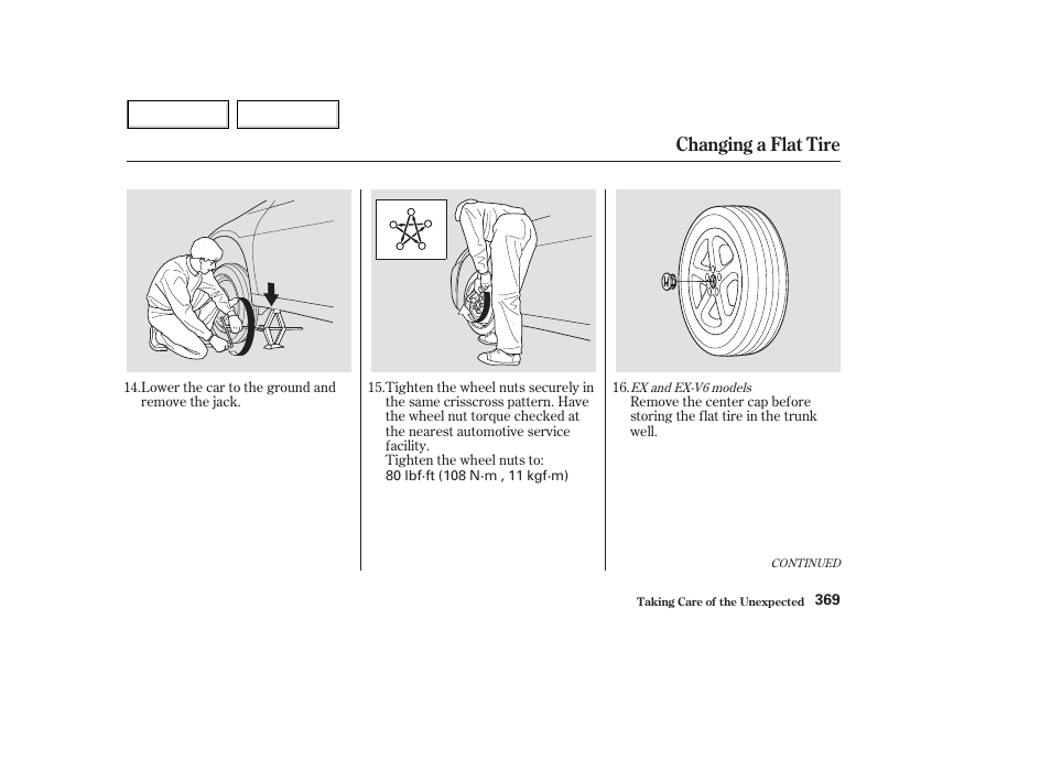 Changing a flat tire | HONDA 2003 Accord Coupe - Owner's Manual User Manual | Page 372 / 429