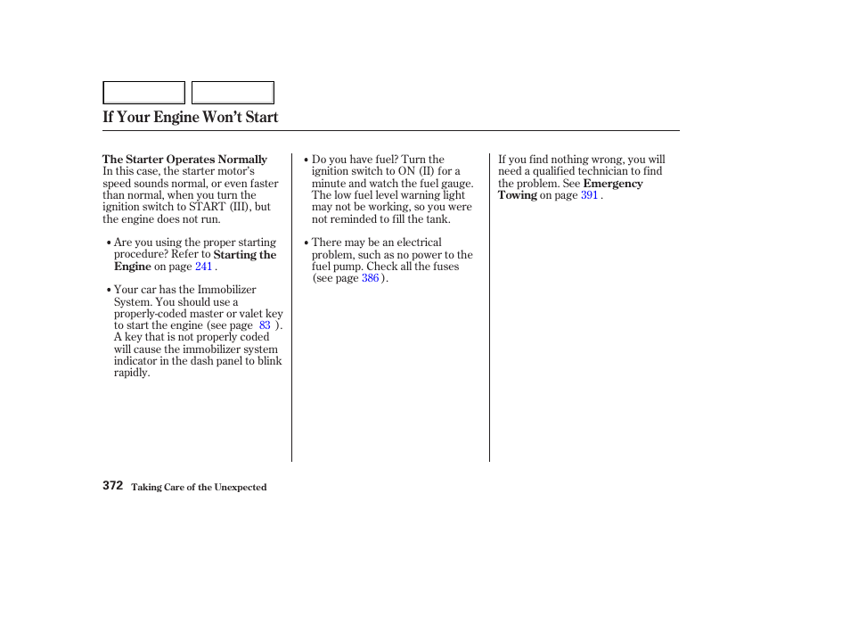 If your engine won’t start | HONDA 2003 Accord Coupe - Owner's Manual User Manual | Page 375 / 429