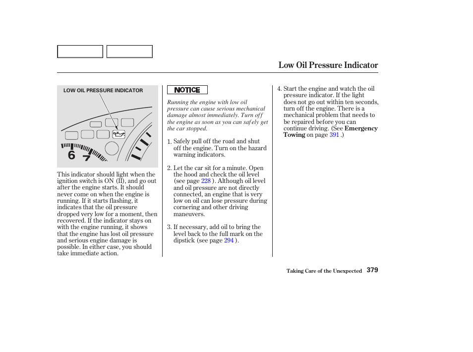 Low oil pressure indicator | HONDA 2003 Accord Coupe - Owner's Manual User Manual | Page 382 / 429
