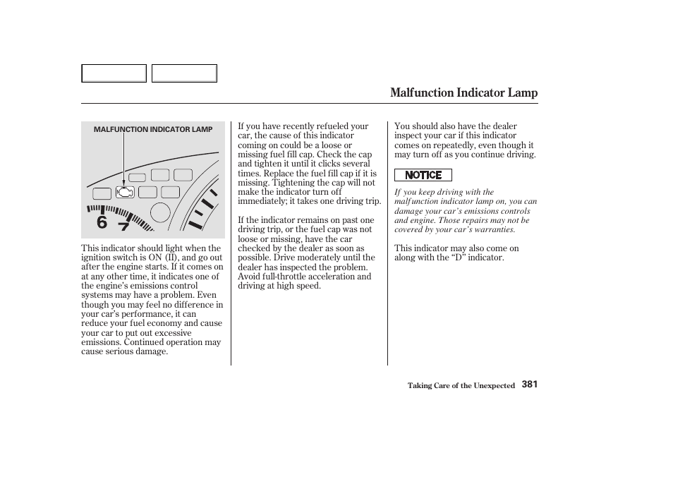 Malfunction indicator lamp | HONDA 2003 Accord Coupe - Owner's Manual User Manual | Page 384 / 429