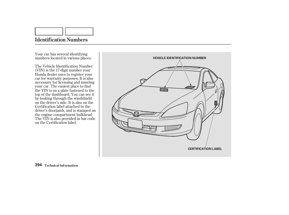 Identification numbers | HONDA 2003 Accord Coupe - Owner's Manual User Manual | Page 397 / 429