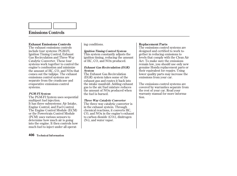 Emissions controls | HONDA 2003 Accord Coupe - Owner's Manual User Manual | Page 409 / 429