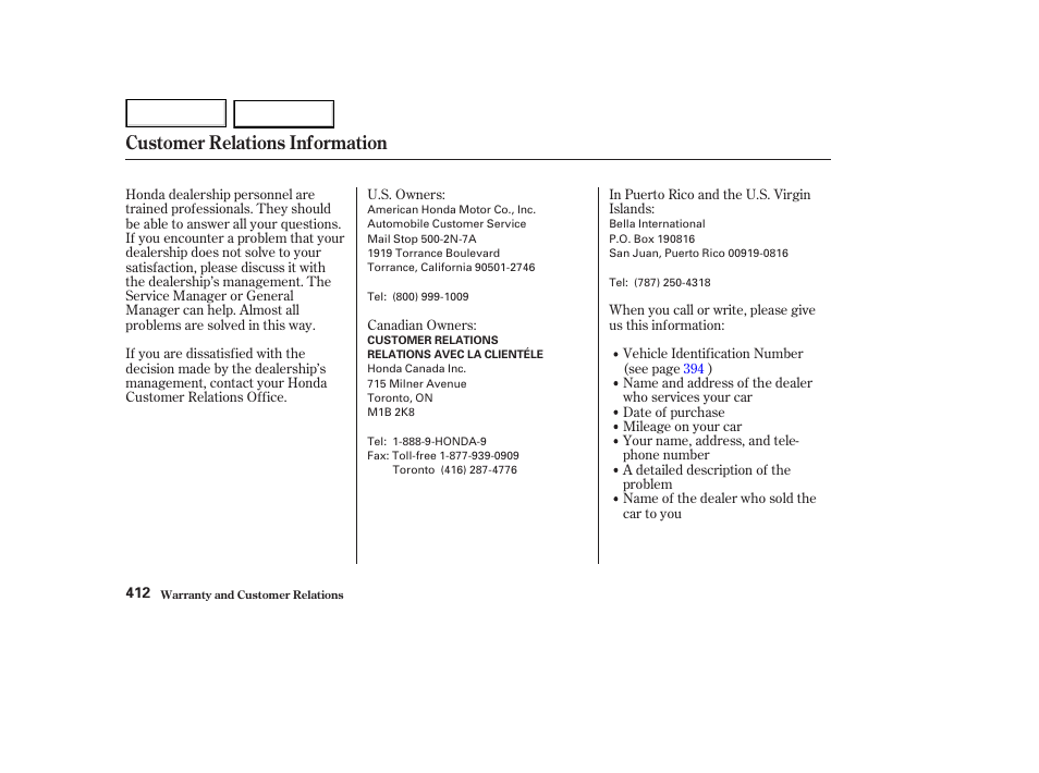 Customer relations information | HONDA 2003 Accord Coupe - Owner's Manual User Manual | Page 415 / 429