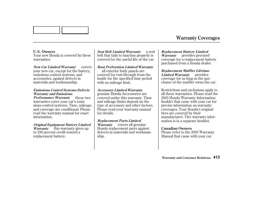 Warranty coverages | HONDA 2003 Accord Coupe - Owner's Manual User Manual | Page 416 / 429