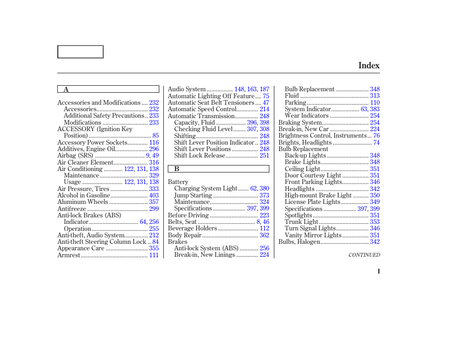 Index | HONDA 2003 Accord Coupe - Owner's Manual User Manual | Page 420 / 429