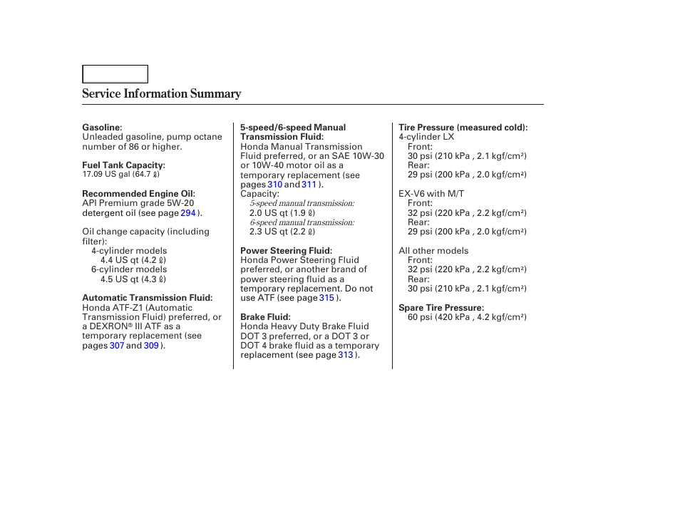 Service information summary | HONDA 2003 Accord Coupe - Owner's Manual User Manual | Page 429 / 429