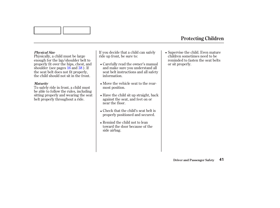 Protecting children | HONDA 2003 Accord Coupe - Owner's Manual User Manual | Page 44 / 429
