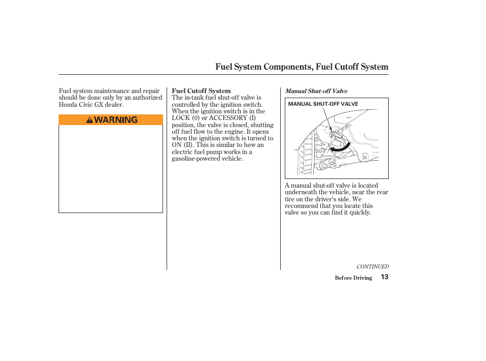 Fuel system components, fuel cutoff system | HONDA 2003 Civic GX - Owner's Manual User Manual | Page 14 / 50