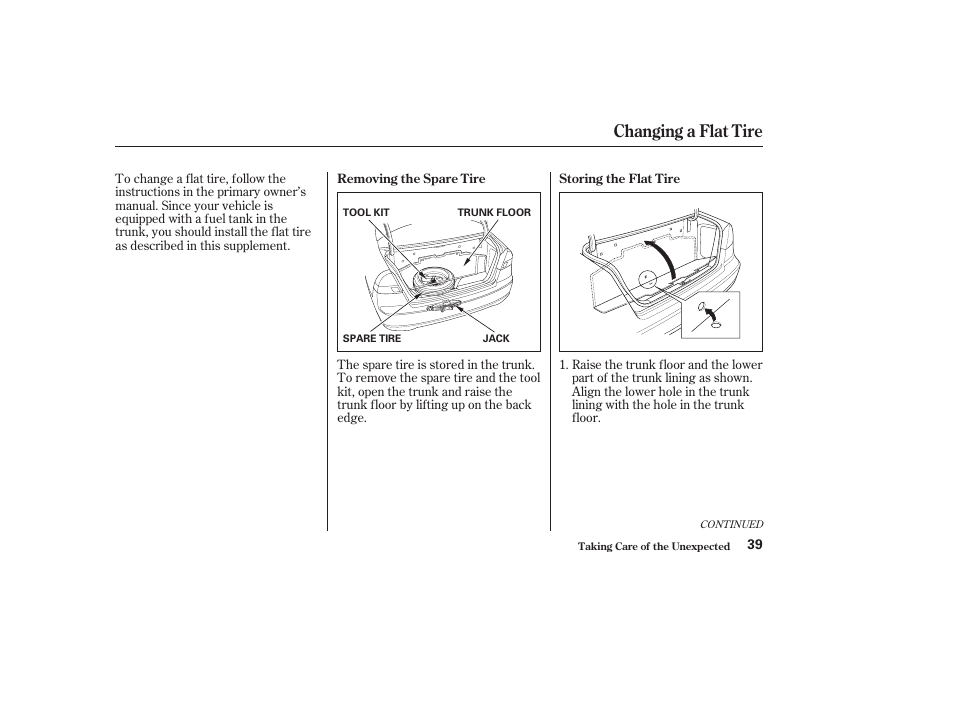 Changing a flat tire | HONDA 2003 Civic GX - Owner's Manual User Manual | Page 40 / 50
