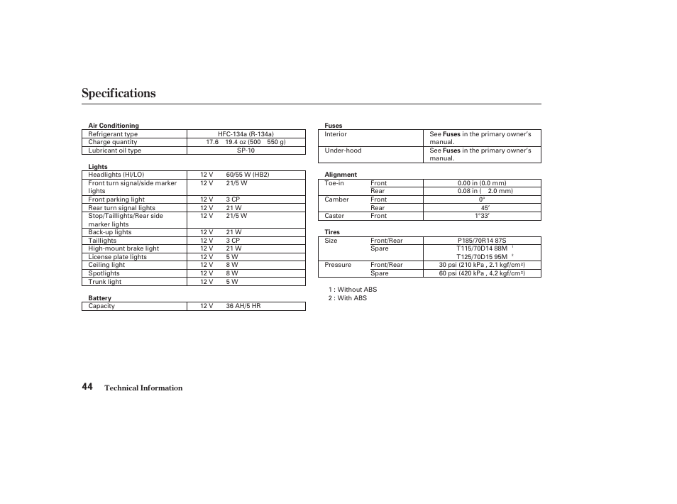 Specifications | HONDA 2003 Civic GX - Owner's Manual User Manual | Page 45 / 50