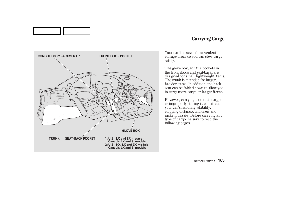 Carrying cargo | HONDA 2003 Civic Coupe - Owner's Manual User Manual | Page 168 / 319