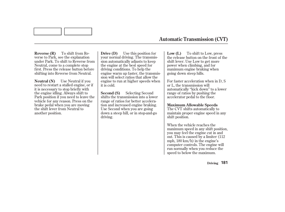 Automatic transmission (cvt) | HONDA 2003 Civic Coupe - Owner's Manual User Manual | Page 184 / 319