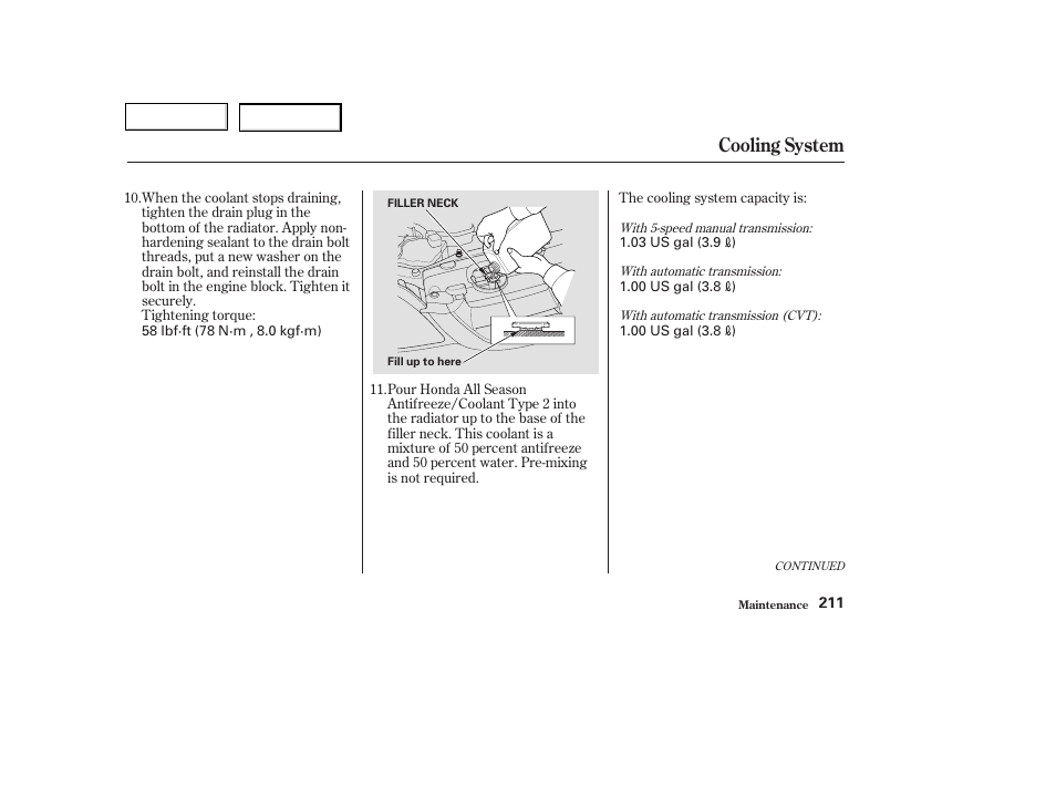 Cooling system | HONDA 2003 Civic Coupe - Owner's Manual User Manual | Page 214 / 319